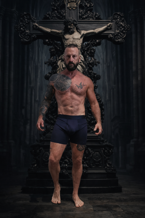 Man standing in front of a dark, ornate crucifixion sculpture.