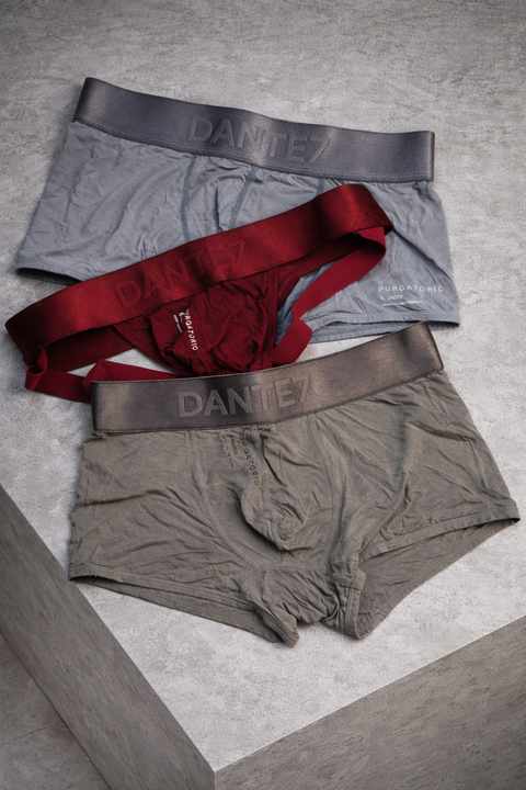 Gray men's underwear with red suspenders and 'Dante7' branding on a gray surface.